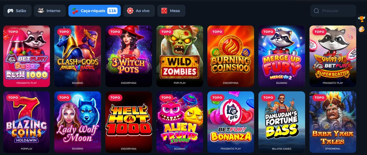 Cards de slots com o nome do provedor na base: Pragmatic Play, BGaming, Endorphina e outros