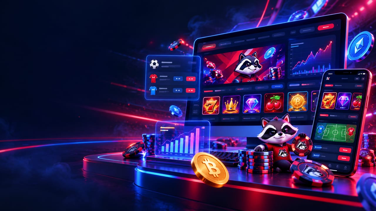 Ilustração da plataforma aberta em um monitor e em um celular, com jogos de slot na tela